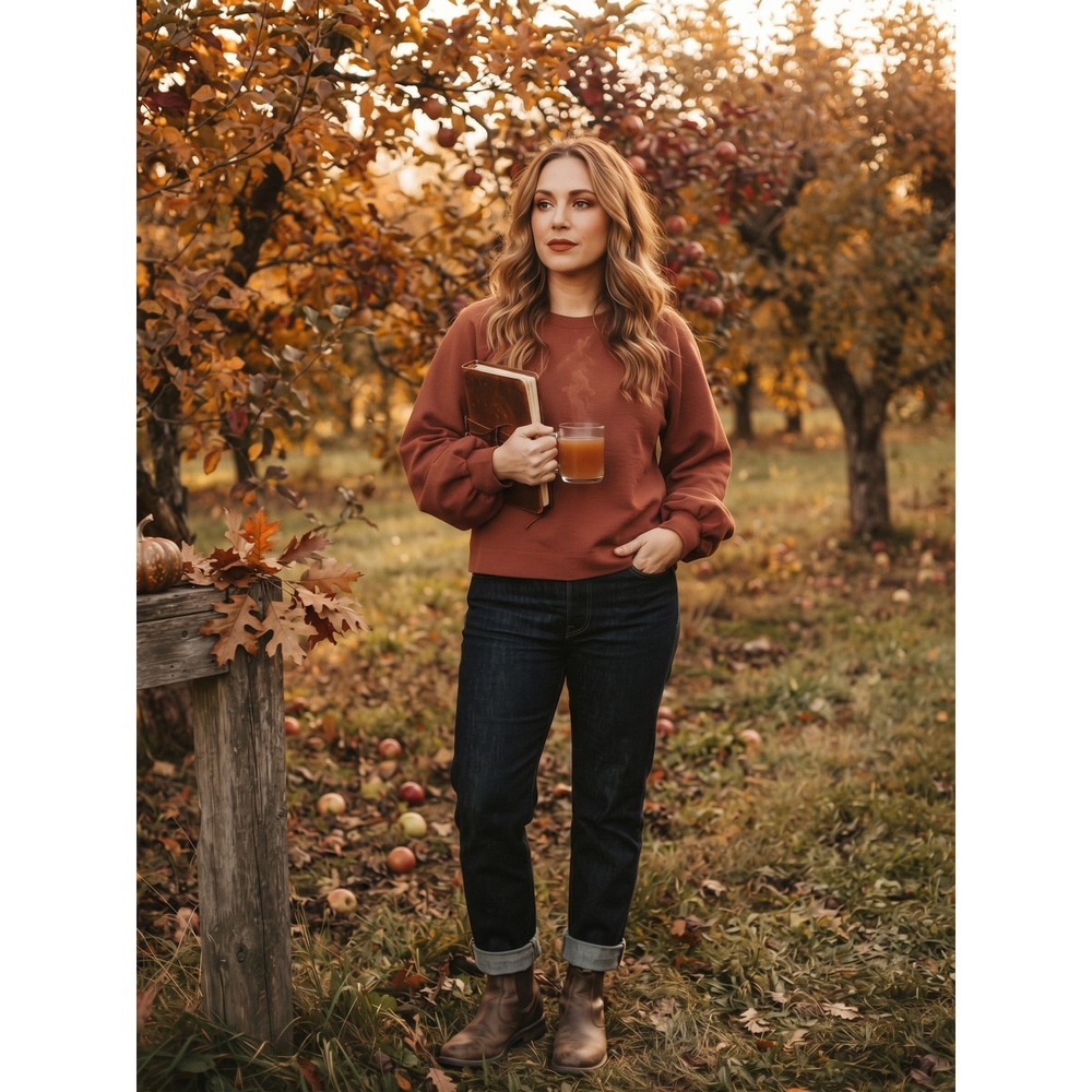 A New Day Rust Brown Textured Crepe Balloon Sleeve Sweatshirt Crew Neck Top
